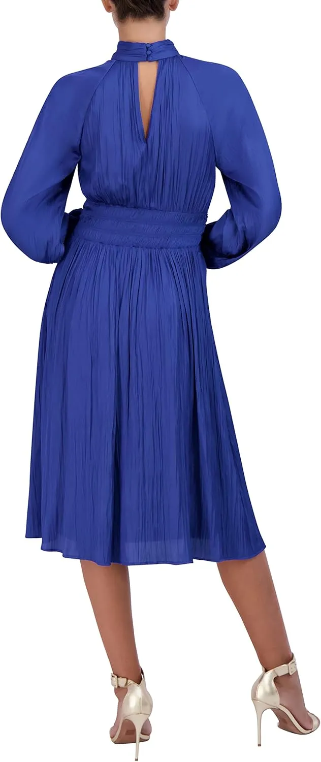 BCBGMAXAZRIA Women's Fit and Flare Midi Dress Long Raglan Sleeve Mock Neck Twist Knot Smocked Back