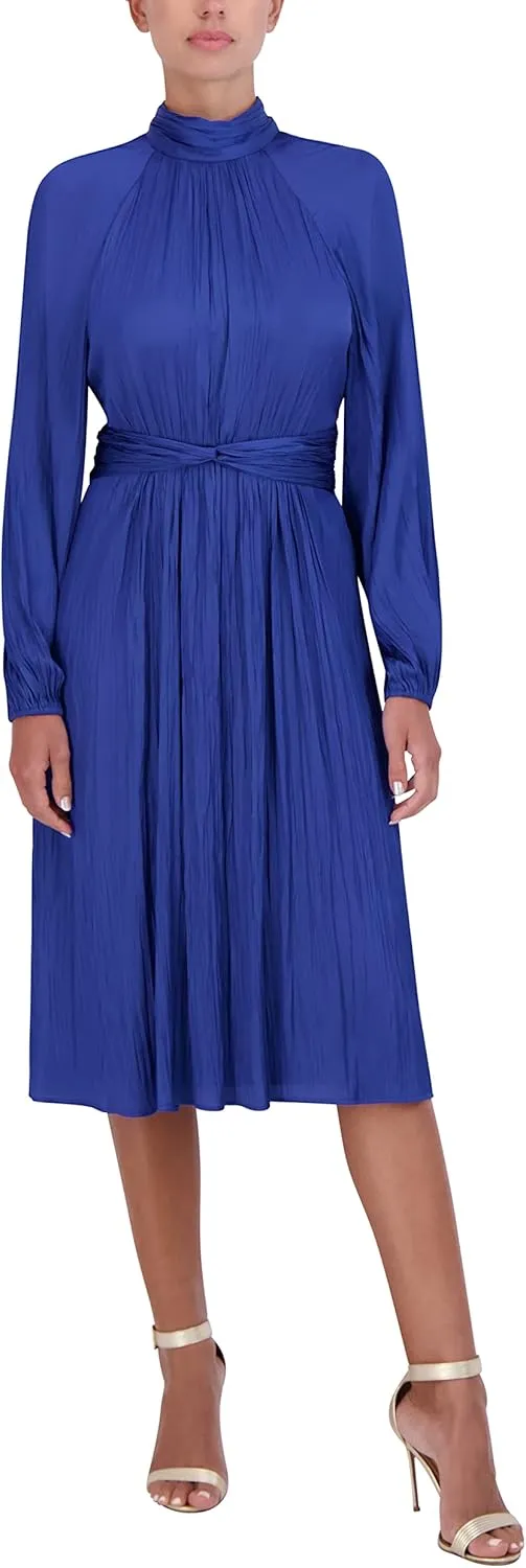 BCBGMAXAZRIA Women's Fit and Flare Midi Dress Long Raglan Sleeve Mock Neck Twist Knot Smocked Back