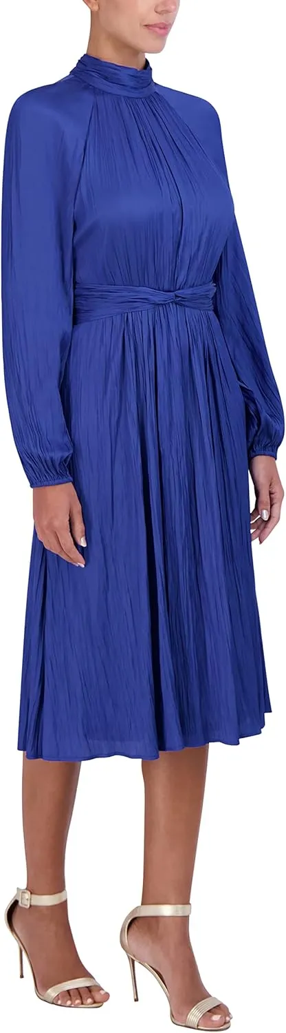 BCBGMAXAZRIA Women's Fit and Flare Midi Dress Long Raglan Sleeve Mock Neck Twist Knot Smocked Back