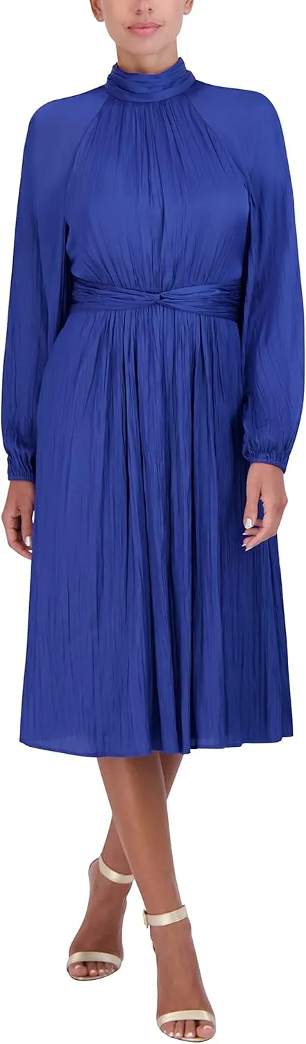 BCBGMAXAZRIA Women's Fit and Flare Midi Dress Long Raglan Sleeve Mock Neck Twist Knot Smocked Back