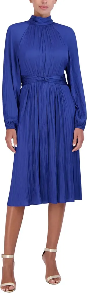 BCBGMAXAZRIA Women's Fit and Flare Midi Dress Long Raglan Sleeve Mock Neck Twist Knot Smocked Back