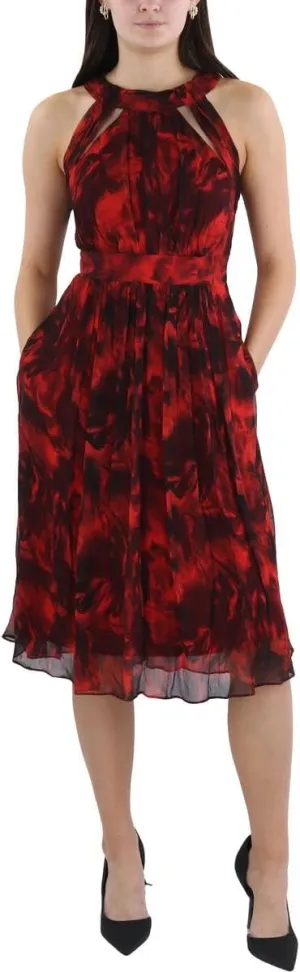 BCBGMAXAZRIA Women's Sleeveless Fit and Flare Midi Dress Halter Neck Cut Out Ruched Skirt