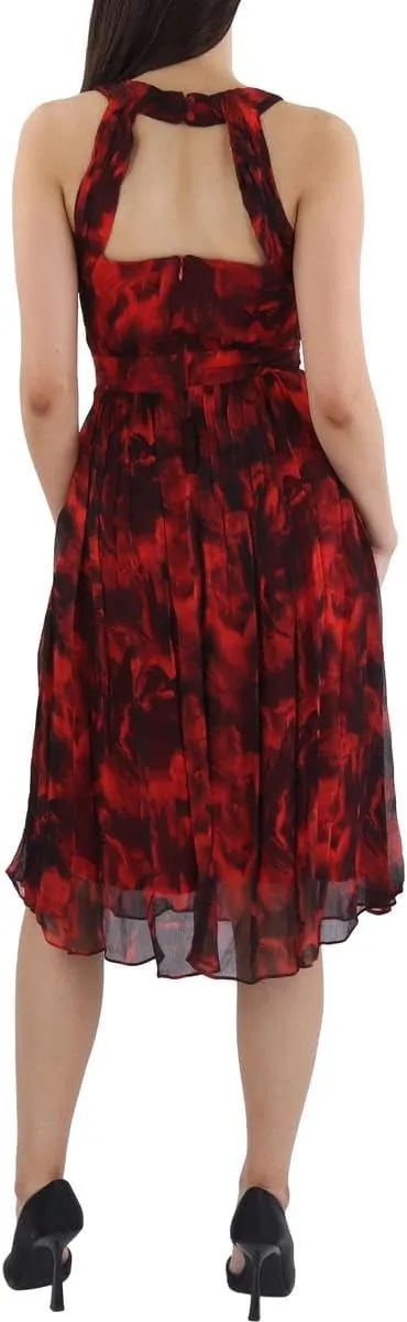 BCBGMAXAZRIA Women's Sleeveless Fit and Flare Midi Dress Halter Neck Cut Out Ruched Skirt