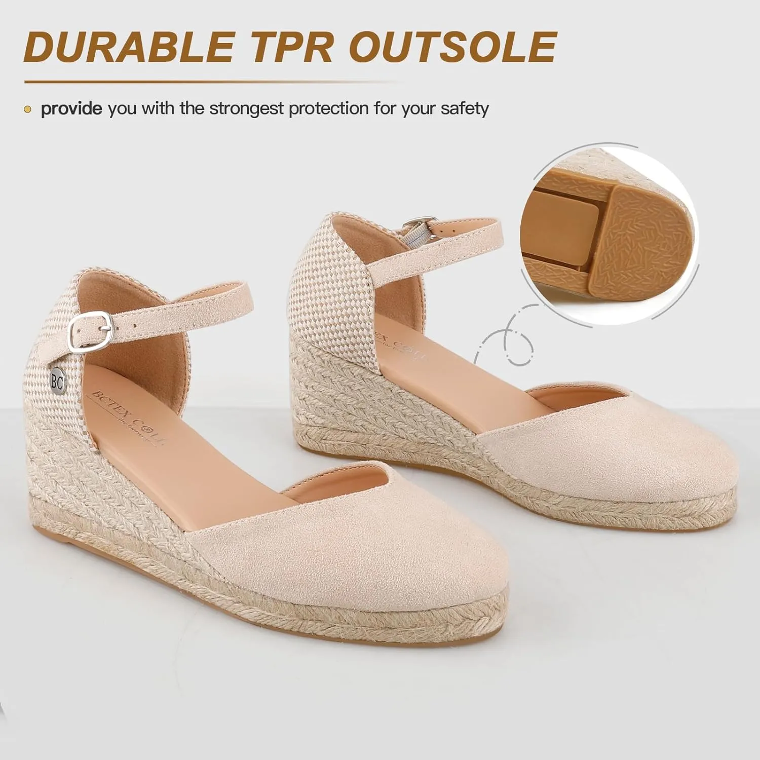 BCTEX COLL Women's Espadrilles Wedge Sandals Ankle Strap Platform Closed Toe Dressy Shoes