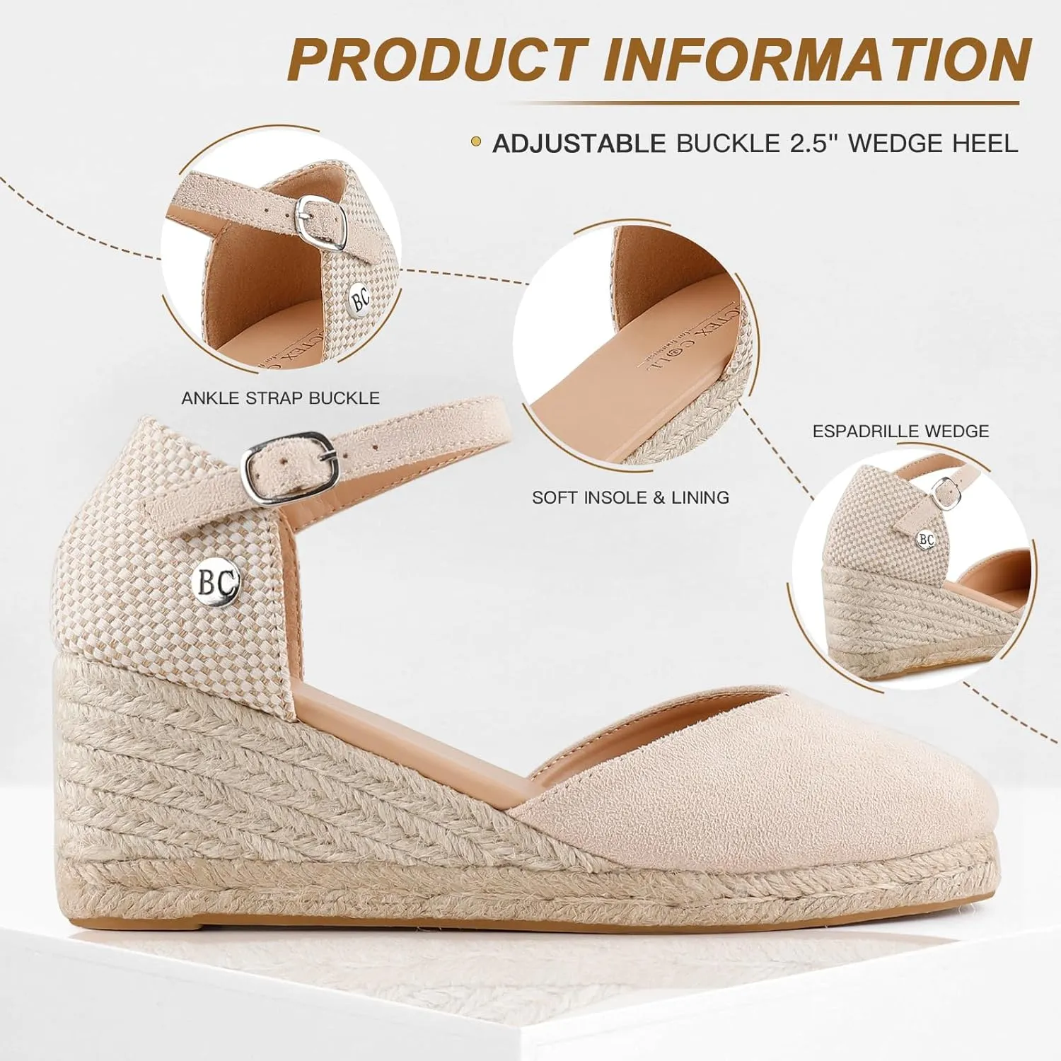 BCTEX COLL Women's Espadrilles Wedge Sandals Ankle Strap Platform Closed Toe Dressy Shoes