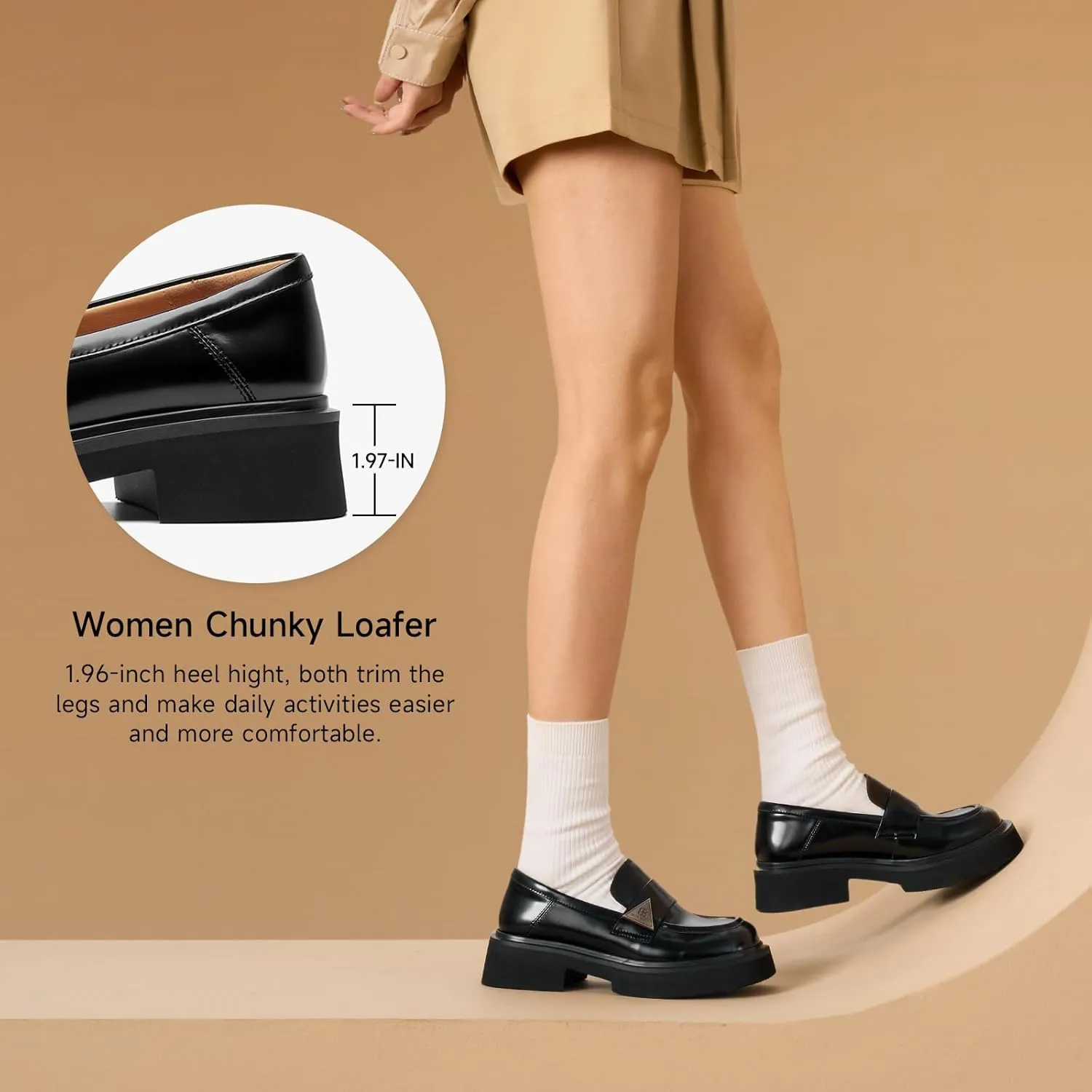 BEAU TODAY Chunky Loafers Women,Patent Full Grain Leather Loafers for Women,Comfortable Slip-on Fashion Platform Shoes, Non Slip Business Casual Work Office Square Toe Dress Shoes