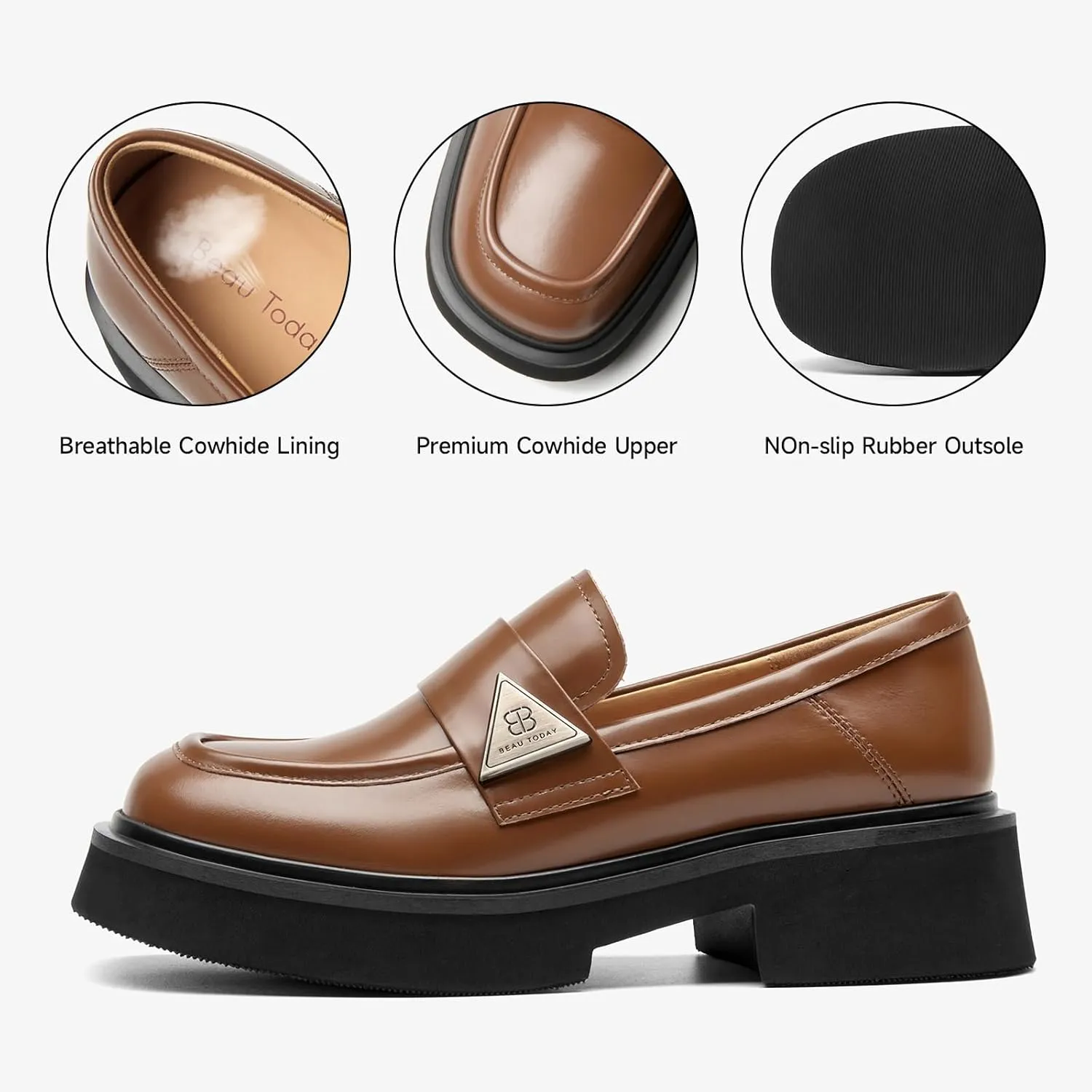 BEAU TODAY Chunky Loafers Women,Patent Full Grain Leather Loafers for Women,Comfortable Slip-on Fashion Platform Shoes, Non Slip Business Casual Work Office Square Toe Dress Shoes
