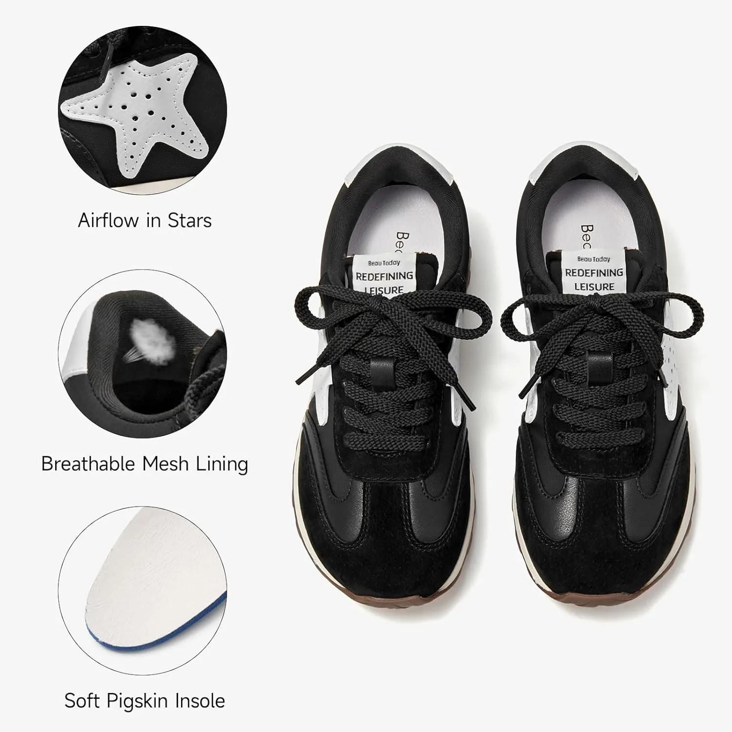 BEAU TODAY Platform Fashion Sneakers for Women, Womens Chunky Leather Sneakers, Comfortable Casual Retro Non-Slip Lace-up Walking Running Gym Shoes