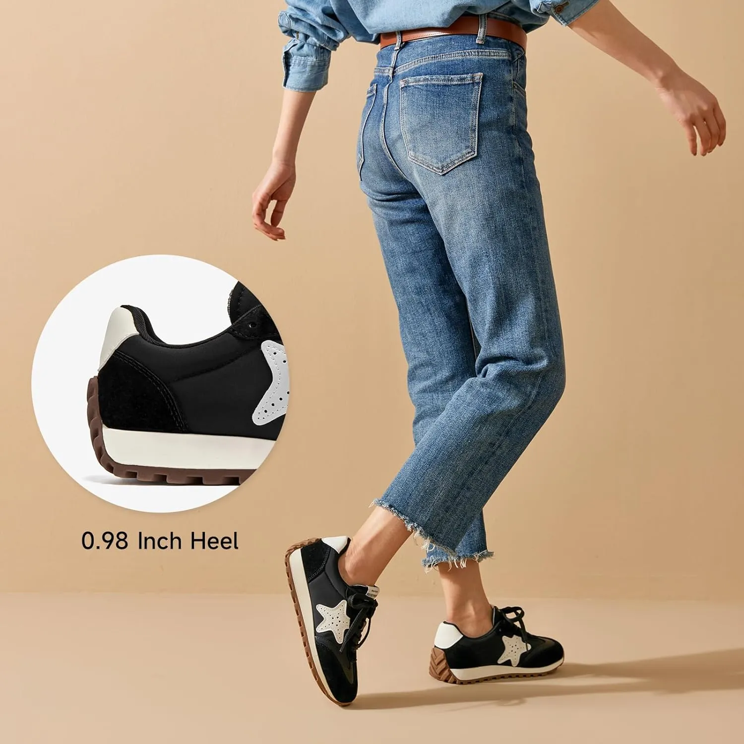 BEAU TODAY Platform Fashion Sneakers for Women, Womens Chunky Leather Sneakers, Comfortable Casual Retro Non-Slip Lace-up Walking Running Gym Shoes