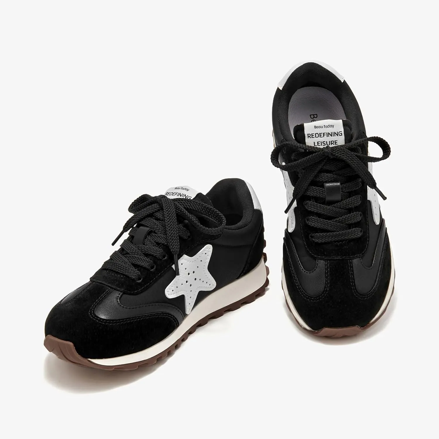 BEAU TODAY Platform Fashion Sneakers for Women, Womens Chunky Leather Sneakers, Comfortable Casual Retro Non-Slip Lace-up Walking Running Gym Shoes