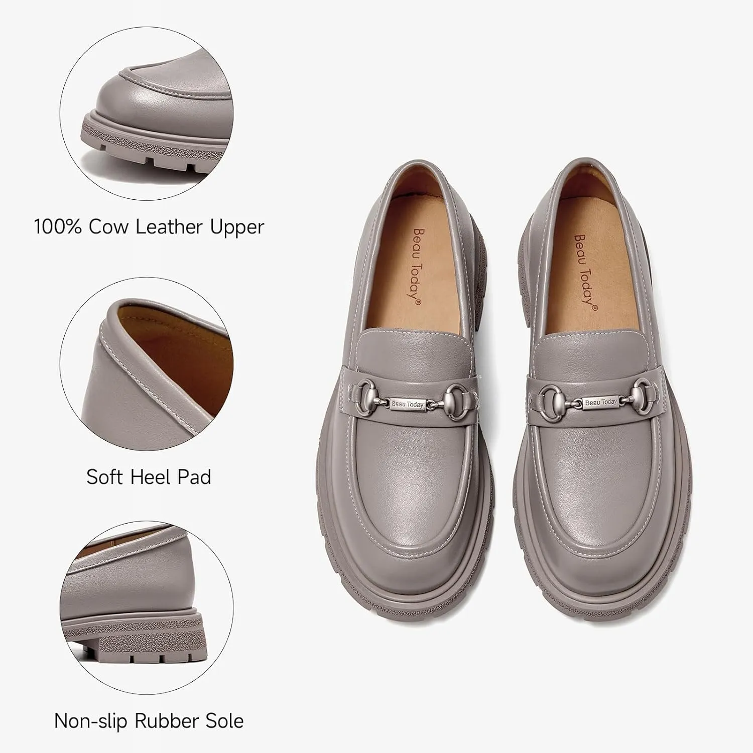 BEAU TODAY Platform Loafers for Women, Chunky Leather Loafers Women, Women’s Slip-on Comfortable Business Casual Round Toe Office Walking Ladies Shoes
