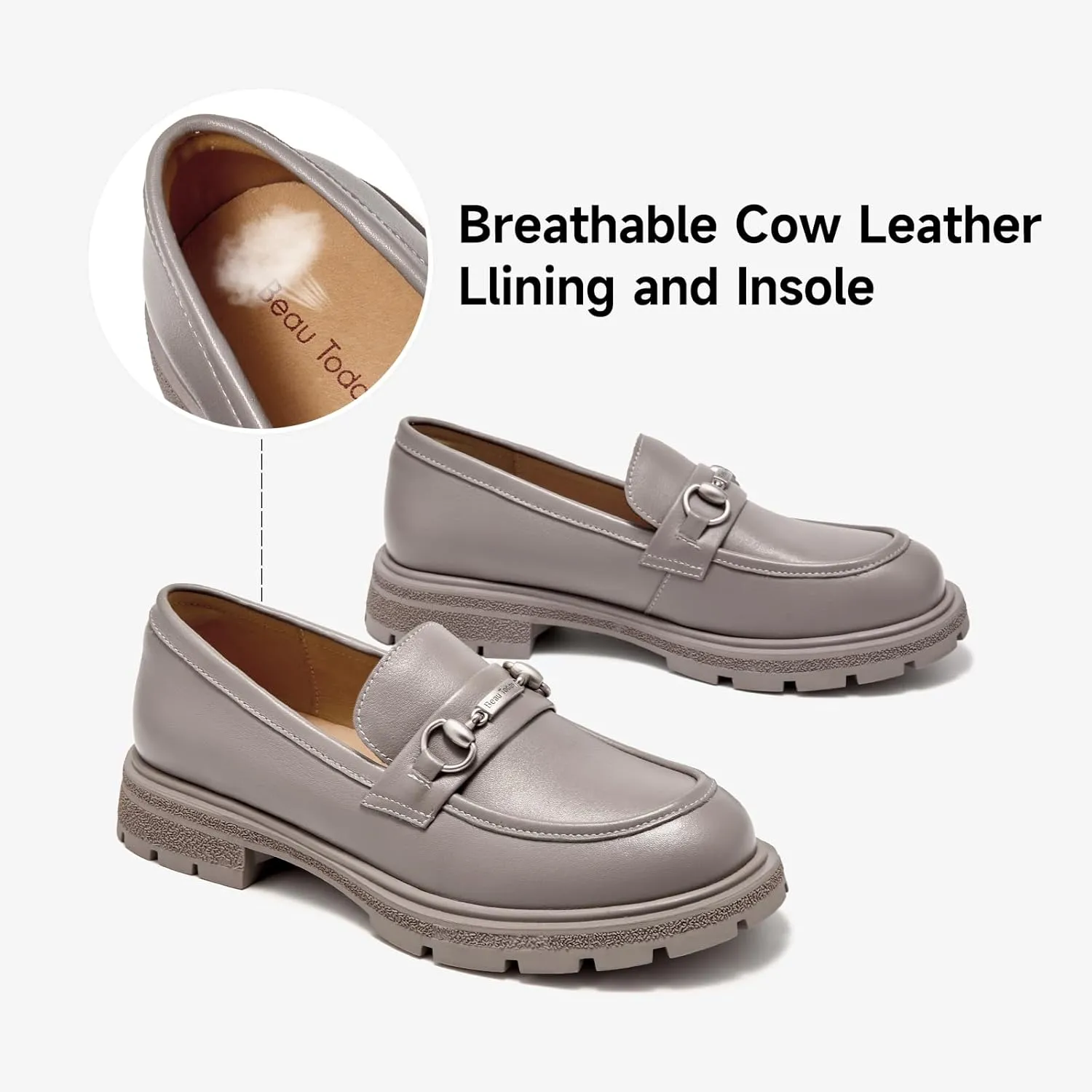 BEAU TODAY Platform Loafers for Women, Chunky Leather Loafers Women, Women’s Slip-on Comfortable Business Casual Round Toe Office Walking Ladies Shoes
