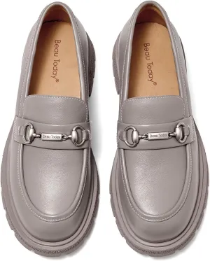BEAU TODAY Platform Loafers for Women, Chunky Leather Loafers Women, Women’s Slip-on Comfortable Business Casual Round Toe Office Walking Ladies Shoes