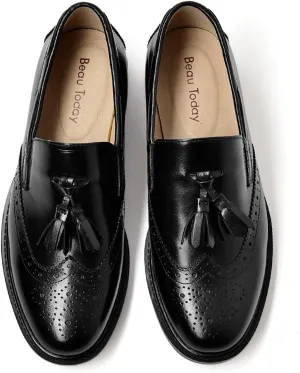 BEAU TODAY Tassel Loafers for Women,Leather Brogue Dress Shoes,Wingtips Oxford for Women,Breathable Comfortable Slip-on Lace-up Handmade Flat Shoes for Business Work