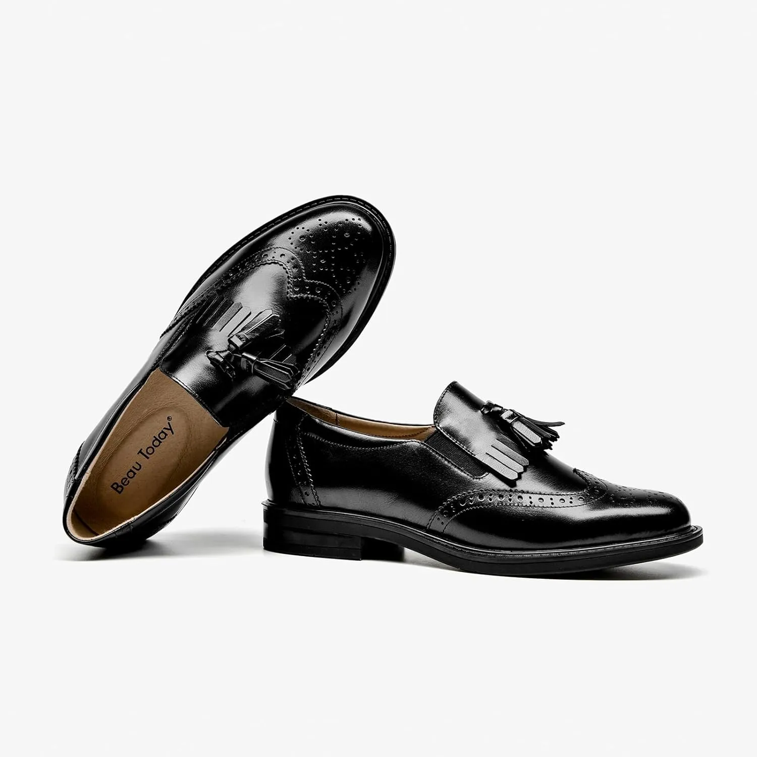 BEAU TODAY Tassel Loafers for Women,Leather Brogue Dress Shoes,Wingtips Oxford for Women,Breathable Comfortable Slip-on Lace-up Handmade Flat Shoes for Business Work