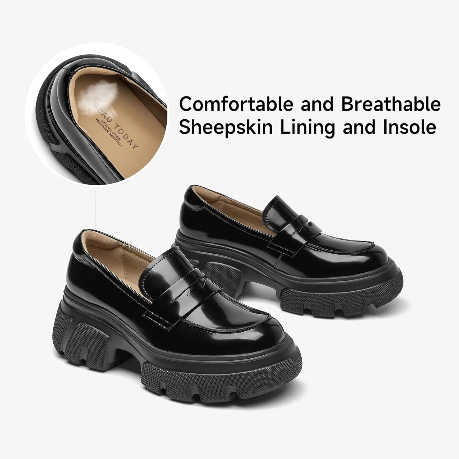 BEAU TODAY Womens Fashion Platform Loafers, Comfort Slip-on Leather Loafers with Chunky Heel, Round Toe Business Work Shoes