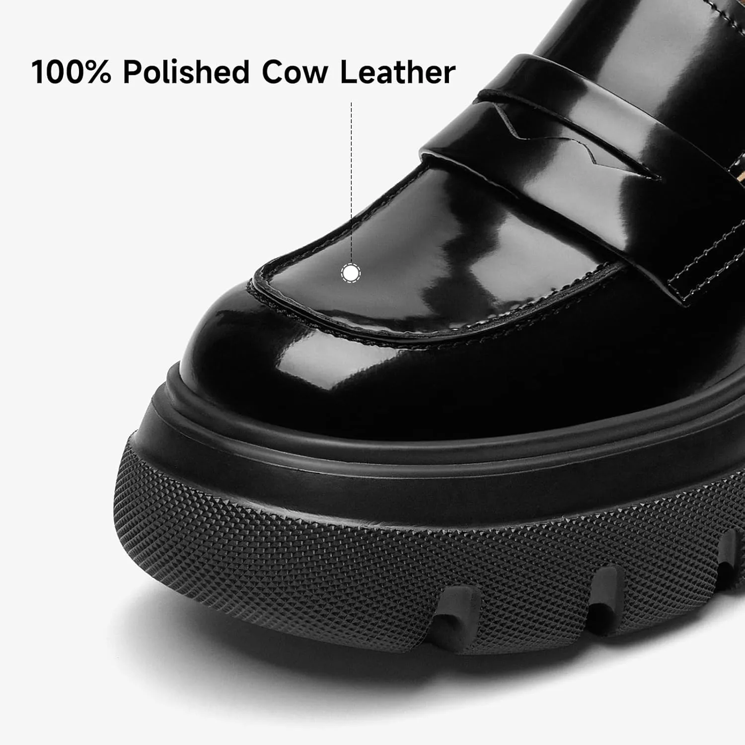 BEAU TODAY Womens Fashion Platform Loafers, Comfort Slip-on Leather Loafers with Chunky Heel, Round Toe Business Work Shoes