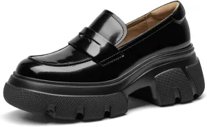 BEAU TODAY Womens Fashion Platform Loafers, Comfort Slip-on Leather Loafers with Chunky Heel, Round Toe Business Work Shoes