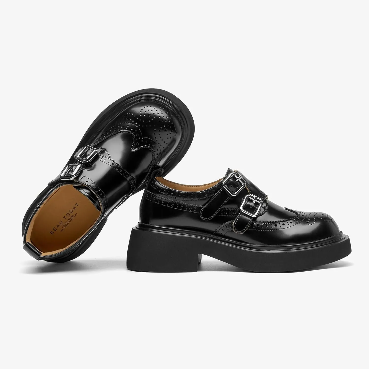 BEAU TODAY Womens Leather Loafers, Monk Strap Womens Loafers, Business Casual Office Shoes, Brogue Wingtip Slip-on Dress Shoes