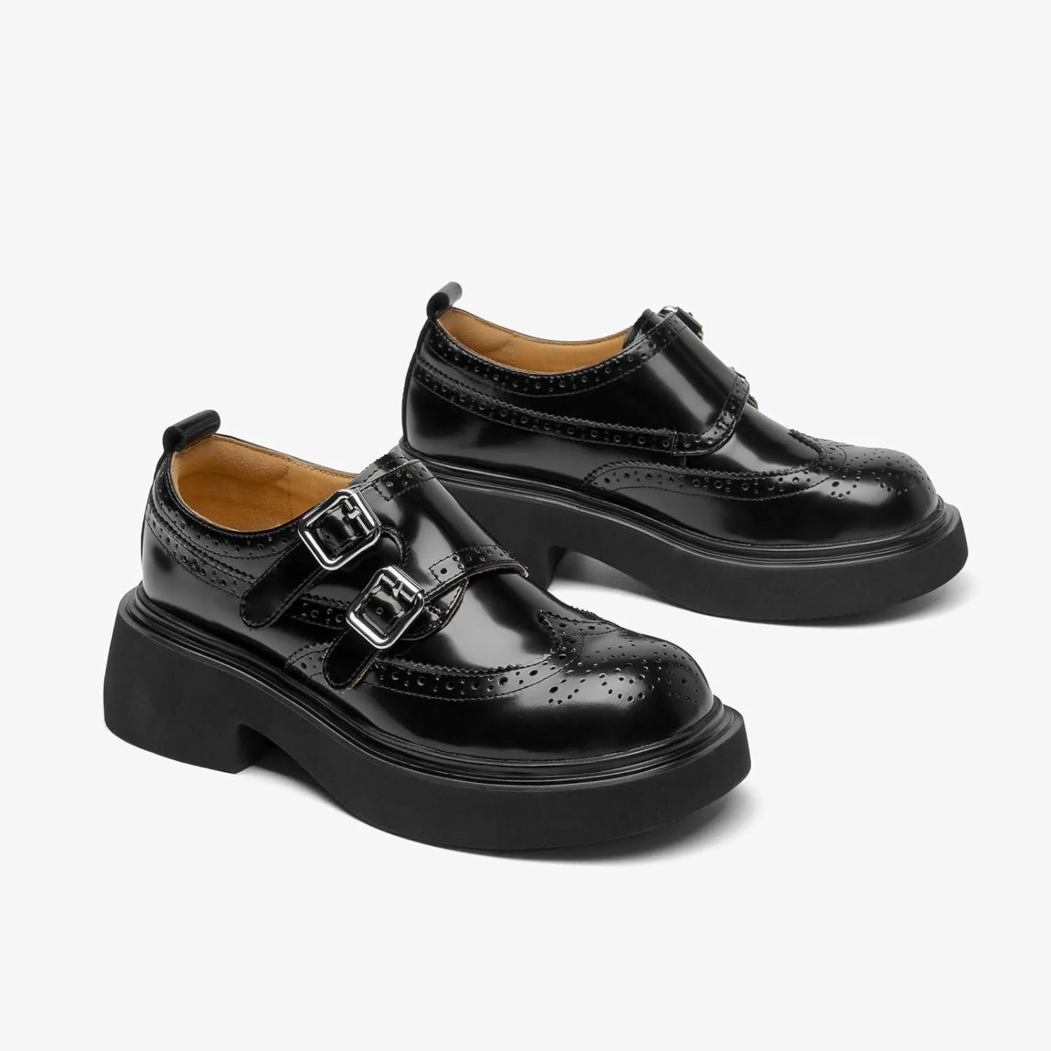 BEAU TODAY Womens Leather Loafers, Monk Strap Womens Loafers, Business Casual Office Shoes, Brogue Wingtip Slip-on Dress Shoes