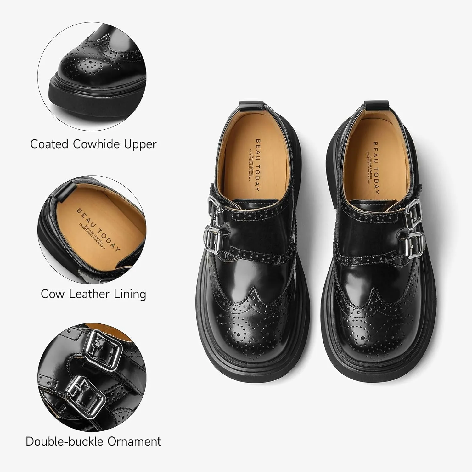 BEAU TODAY Womens Leather Loafers, Monk Strap Womens Loafers, Business Casual Office Shoes, Brogue Wingtip Slip-on Dress Shoes