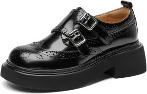 BEAU TODAY Womens Leather Loafers, Monk Strap Womens Loafers, Business Casual Office Shoes, Brogue Wingtip Slip-on Dress Shoes