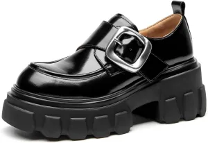 BEAU TODAY Womens Loafers Shoes, Leather Platform Loafers for Women, Chunky Heel Lug Sole Loafers for Women, Comfort Slip-on Loafers, Casual Business Office Work Shoes with Buckle