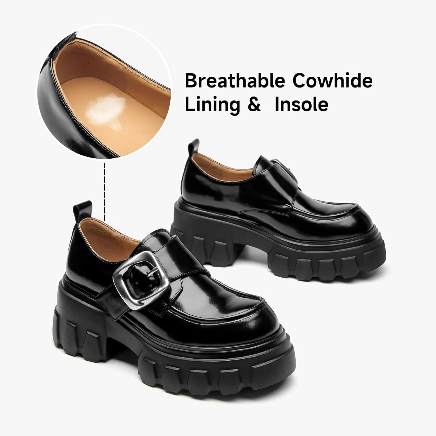 BEAU TODAY Womens Loafers Shoes, Leather Platform Loafers for Women, Chunky Heel Lug Sole Loafers for Women, Comfort Slip-on Loafers, Casual Business Office Work Shoes with Buckle