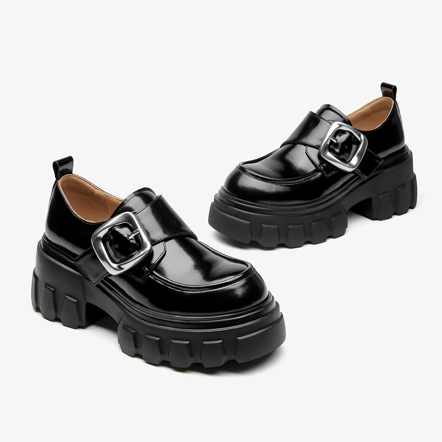 BEAU TODAY Womens Loafers Shoes, Leather Platform Loafers for Women, Chunky Heel Lug Sole Loafers for Women, Comfort Slip-on Loafers, Casual Business Office Work Shoes with Buckle