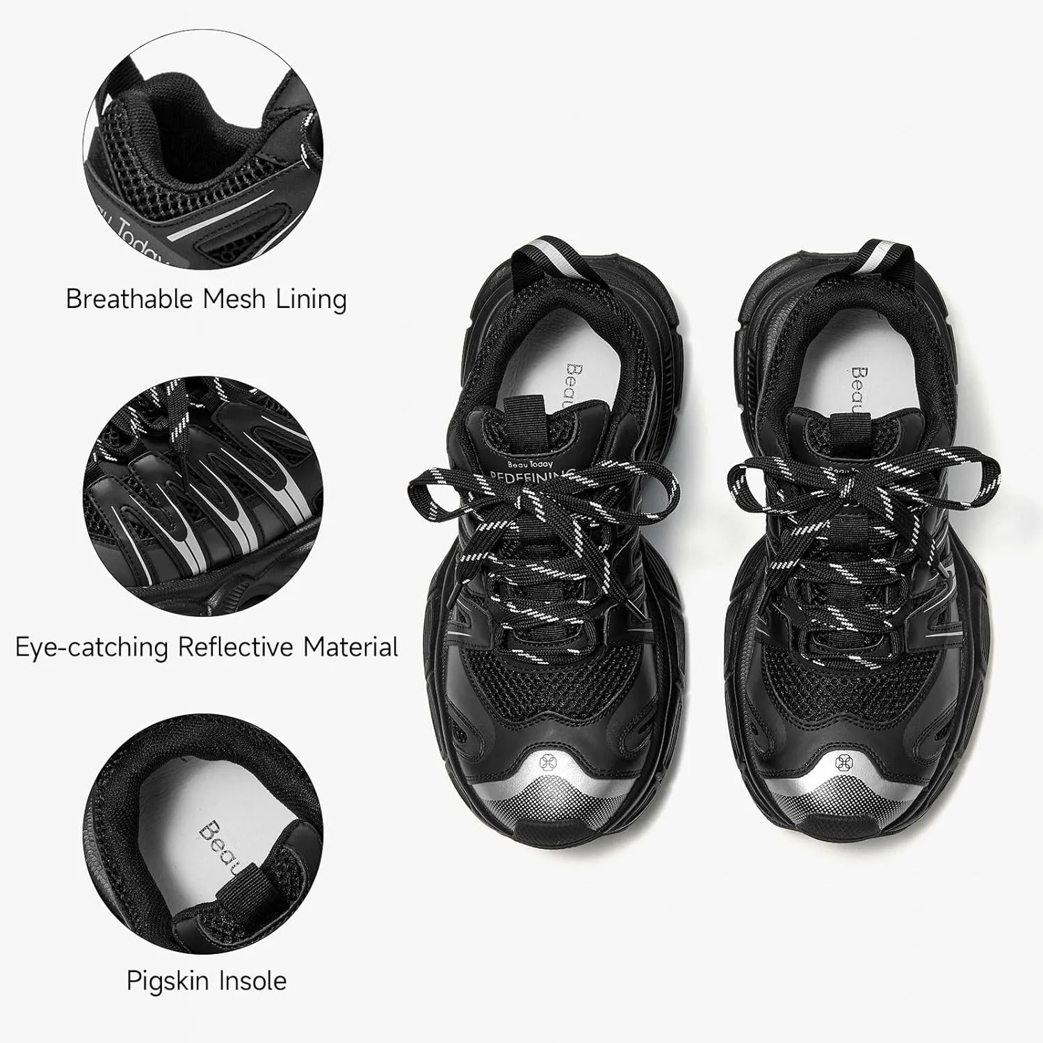 BEAU TODAY Women's Walking Shoes, Chunky Platform Fashion Sneakers for Women, Comfortable Casual Lightweight Lace-up Gym Workout Athletic Tennis Shoes