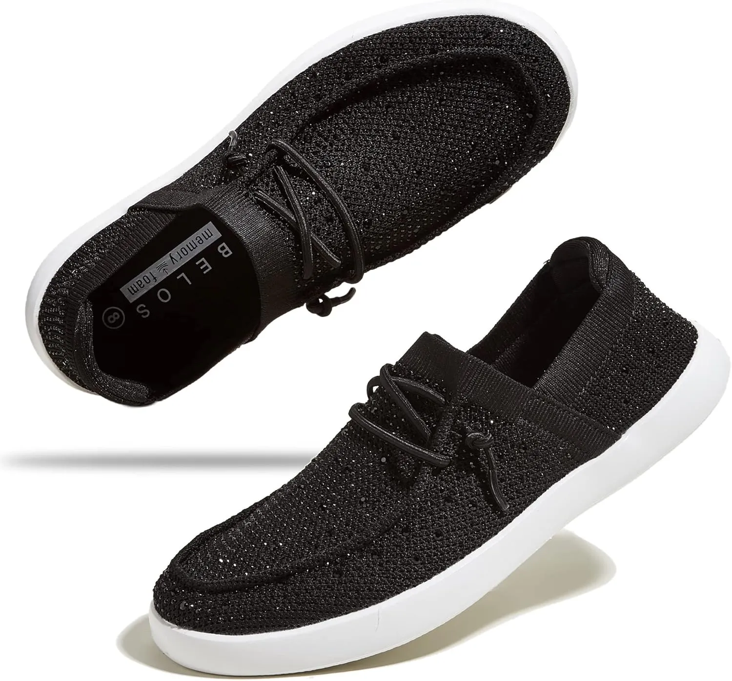 BELOS Women's Rhinestone Lace Up Loafers Shoes Comfortable Slip On Mesh Knit Walking Shoes Fashion Lightweight Sparkly Glitter Sneaker