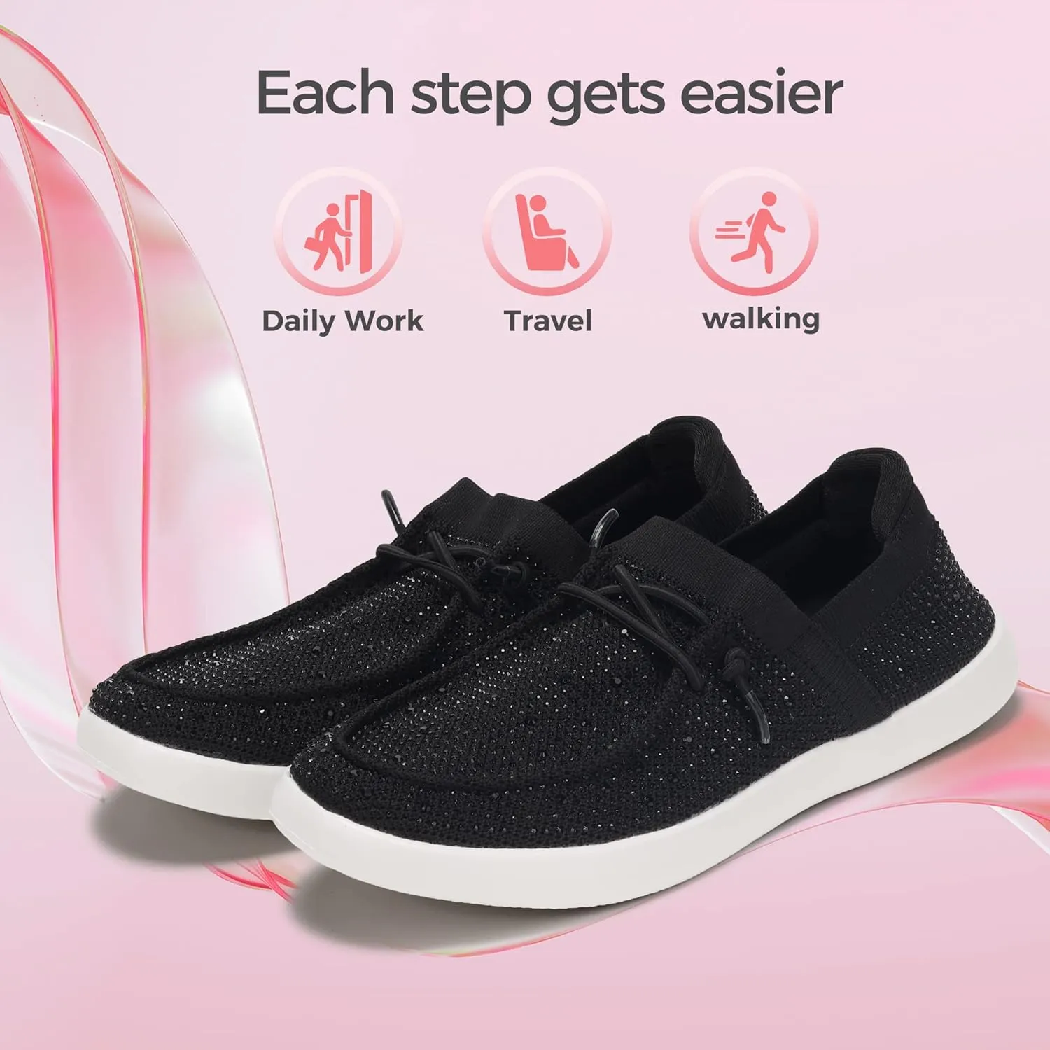 BELOS Women's Rhinestone Lace Up Loafers Shoes Comfortable Slip On Mesh Knit Walking Shoes Fashion Lightweight Sparkly Glitter Sneaker