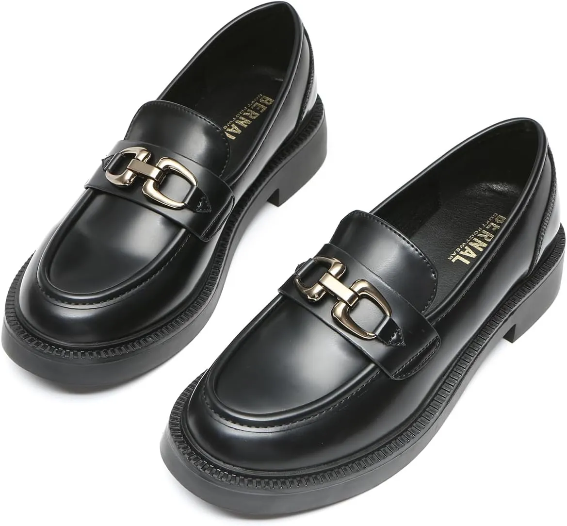 Bernal Loafers for Women Chunky Platform Penny Loafers Fashion Slip On School Shoes Work Shoes with Buckle