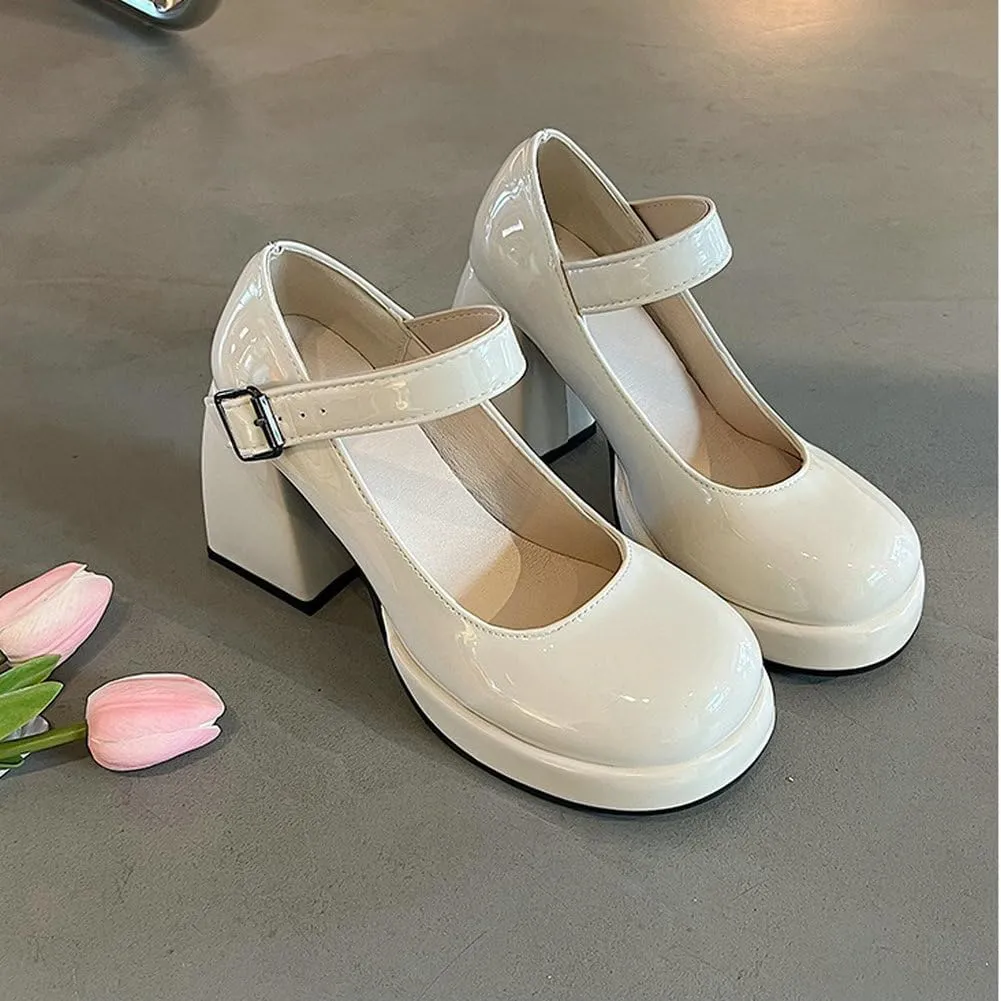 Betastella Women's Chunky High Heels Platform Pumps Round Toe Ankle Strap Mary Jane Wedding Party Pumps Dress Shoes