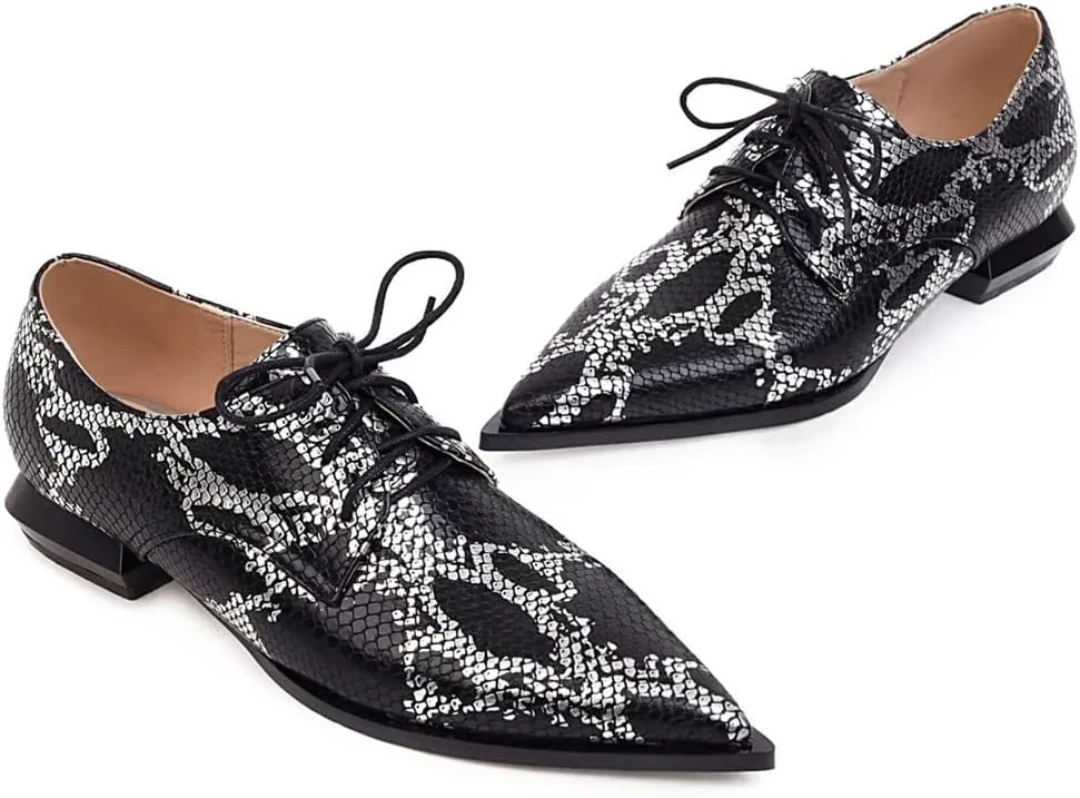 Betastella Women's Snake Skin Pointed Toe Oxfords Flats Low Chunky Heel Lace Up Pumps