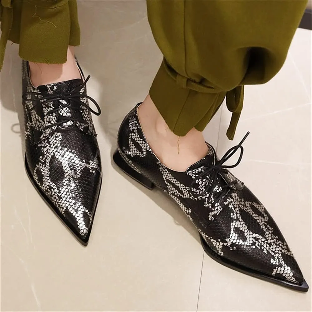 Betastella Women's Snake Skin Pointed Toe Oxfords Flats Low Chunky Heel Lace Up Pumps