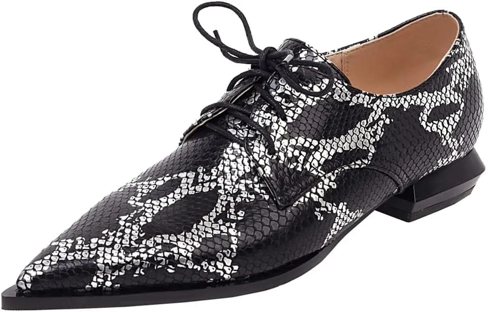 Betastella Women's Snake Skin Pointed Toe Oxfords Flats Low Chunky Heel Lace Up Pumps