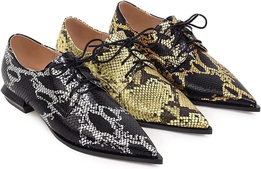 Betastella Women's Snake Skin Pointed Toe Oxfords Flats Low Chunky Heel Lace Up Pumps