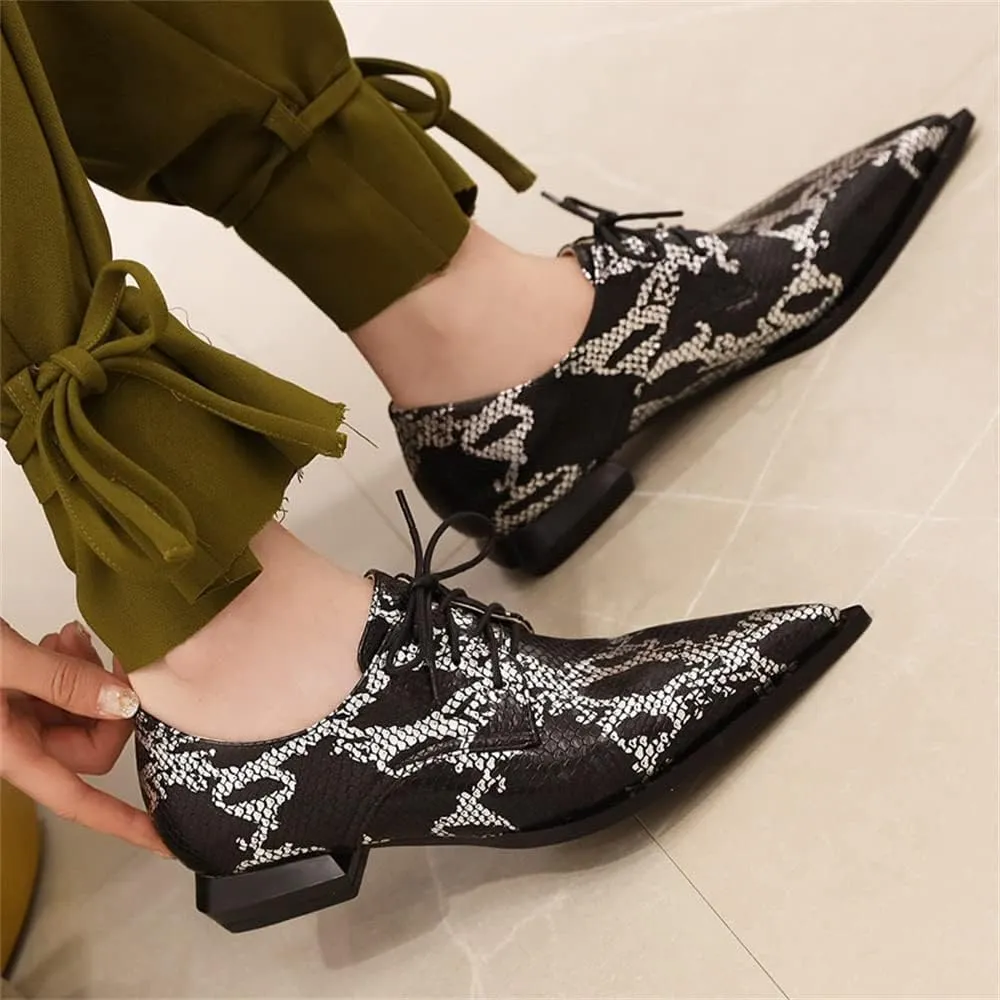 Betastella Women's Snake Skin Pointed Toe Oxfords Flats Low Chunky Heel Lace Up Pumps