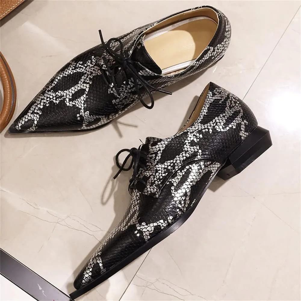 Betastella Women's Snake Skin Pointed Toe Oxfords Flats Low Chunky Heel Lace Up Pumps