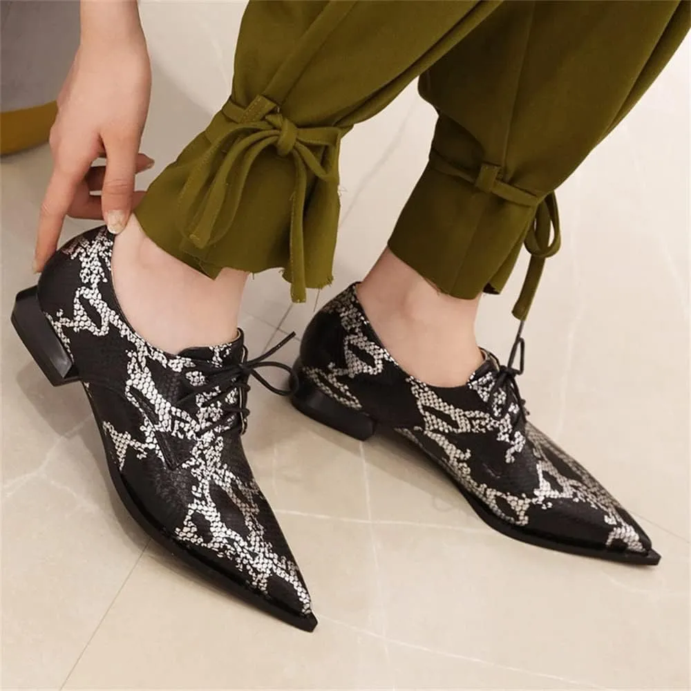 Betastella Women's Snake Skin Pointed Toe Oxfords Flats Low Chunky Heel Lace Up Pumps