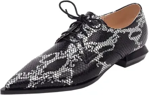 Betastella Women's Snake Skin Pointed Toe Oxfords Flats Low Chunky Heel Lace Up Pumps