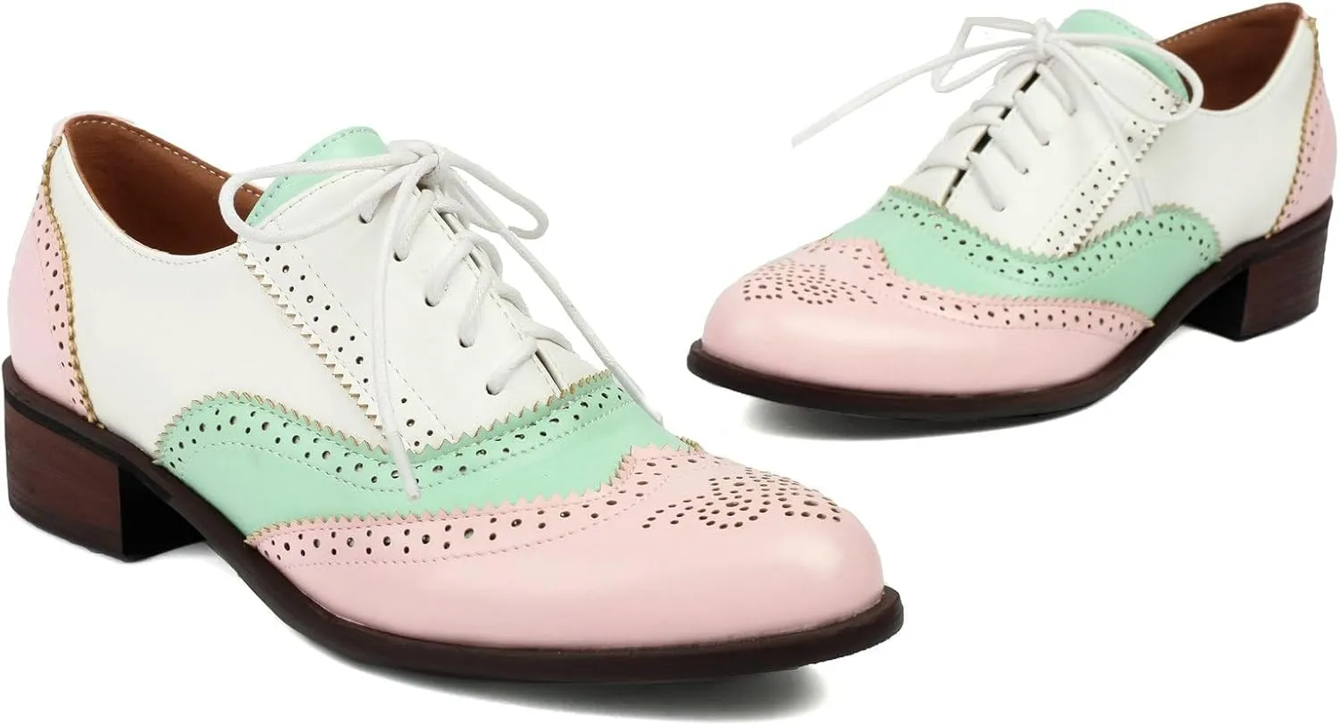 Betastella Womens Vintage Wingtip Lace Up Oxfords Chunky Low Heel Round Toe Pumps Brogue Oxford Shoes