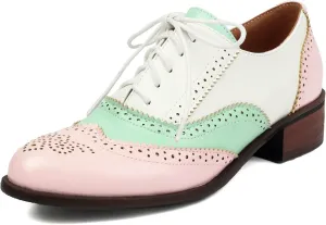 Betastella Womens Vintage Wingtip Lace Up Oxfords Chunky Low Heel Round Toe Pumps Brogue Oxford Shoes