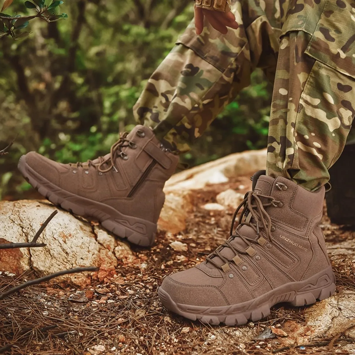 Bitiger Men's Combat Boots with Side Zipper Velcro and Casual Outdoor Mountaineering Trekking Commando Tactical Boots