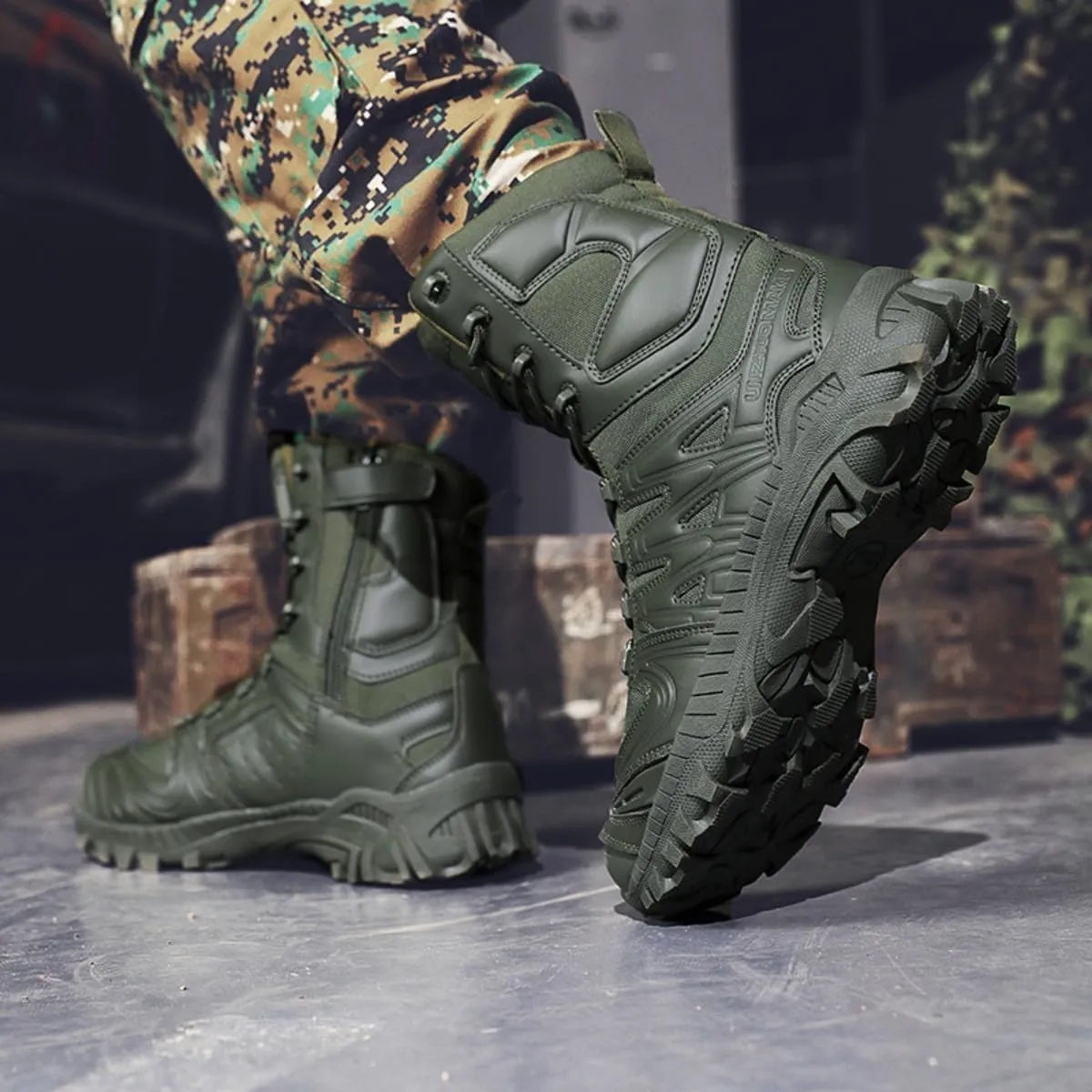 Bitiger Men's Combat Boots with Side Zipper Velcro and Casual Outdoor Mountaineering Trekking Commando Tactical Boots
