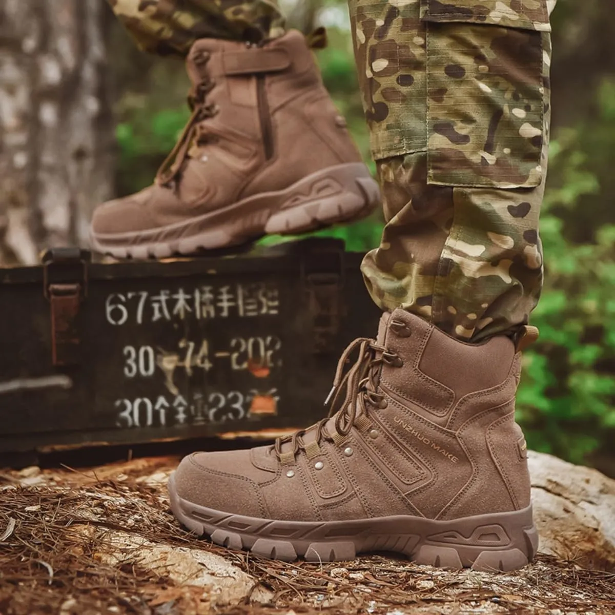 Bitiger Men's Combat Boots with Side Zipper Velcro and Casual Outdoor Mountaineering Trekking Commando Tactical Boots