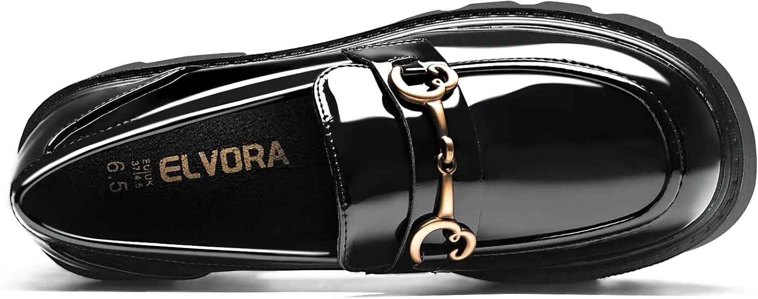 Black Platform Loafers for Women - Women's Slip-On Leather Loafers, Chunky Comfort Shoes for Work & Dressy Occasions