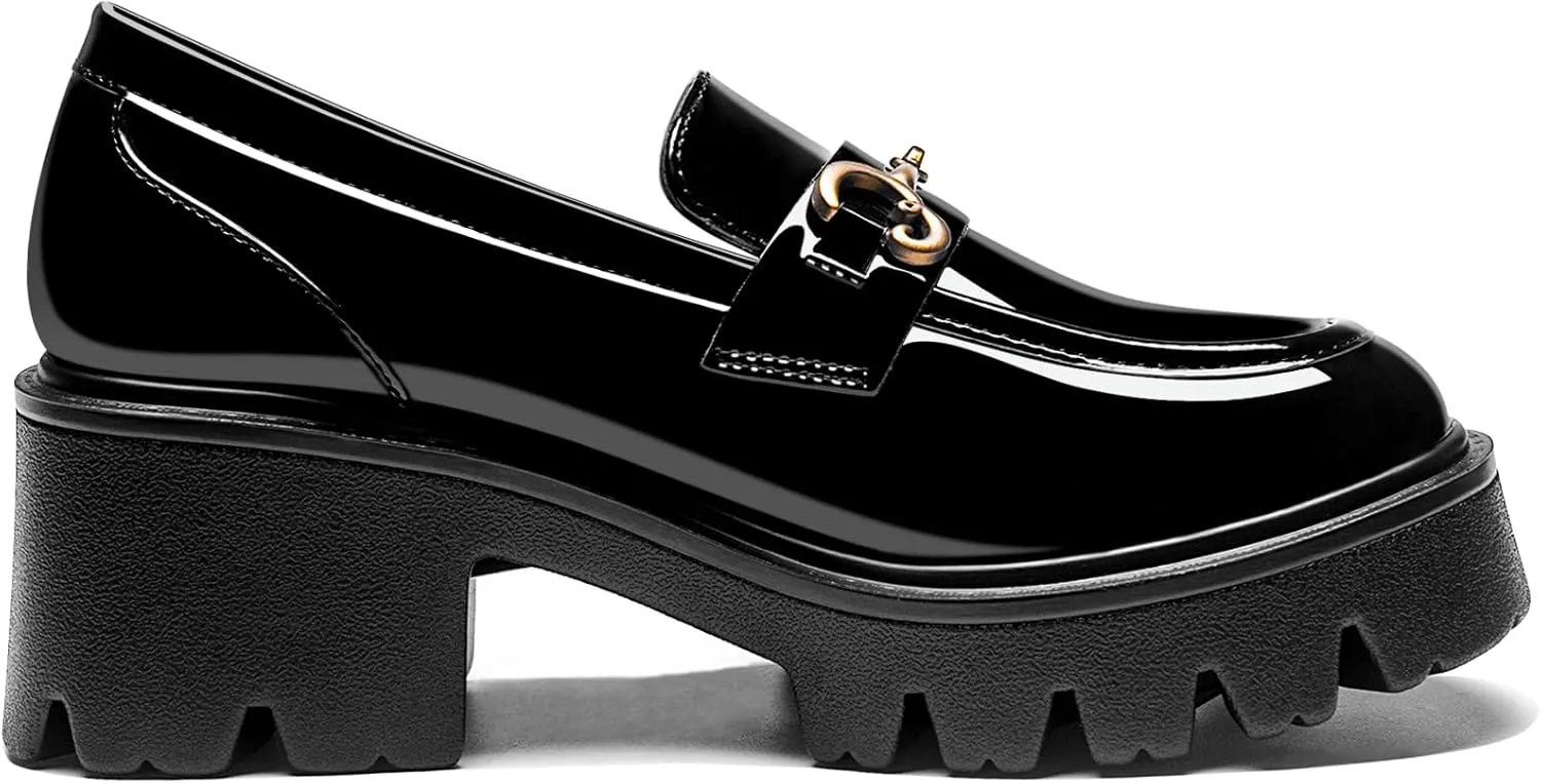 Black Platform Loafers for Women - Women's Slip-On Leather Loafers, Chunky Comfort Shoes for Work & Dressy Occasions