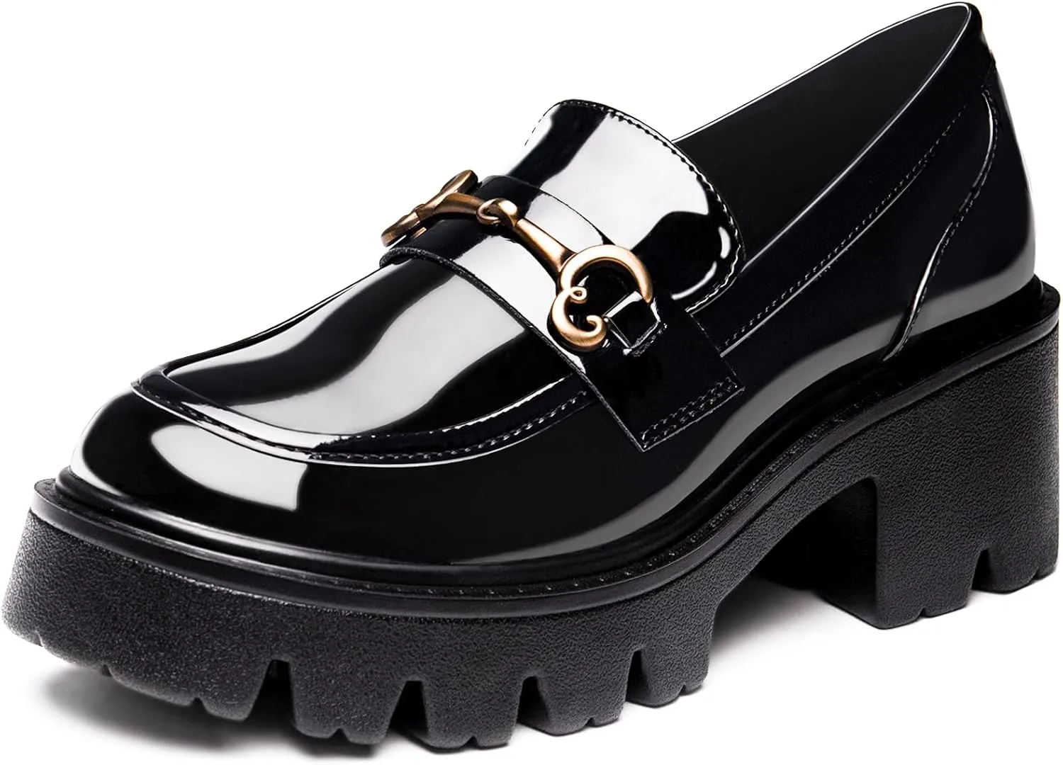 Black Platform Loafers for Women - Women's Slip-On Leather Loafers, Chunky Comfort Shoes for Work & Dressy Occasions